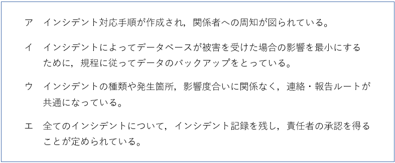 問2 情報システムのインシデント管理に対する監査で判明した状況のうち，監査人が，指摘事項として監査報告書に記載すべきものはどれか。の解答群