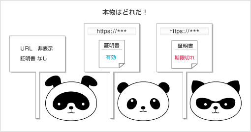 本物のサイトであることを示すためには有効な証明書が必要であることを示すイラスト図