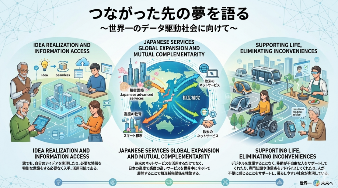 つながった先の夢を語る～世界一のデータ駆動社会に向けて～ 誰でも、自分のアイデアを実現したり、必要な情報を特別な意識をする必要なく入手、活用可能である。欧米のネットサービスを活用するだけでなく、日本の高度で感度の高いサービスを世界中にネットで展開することで相互補完関係を構築する。デジタルを意識することなく、移動が不自由な人をサポートしてくれたり、専門知識や注意点をアドバイスしてくれたり、人が不便に感じることをサポートし、暮らしやすい社会が実現している。