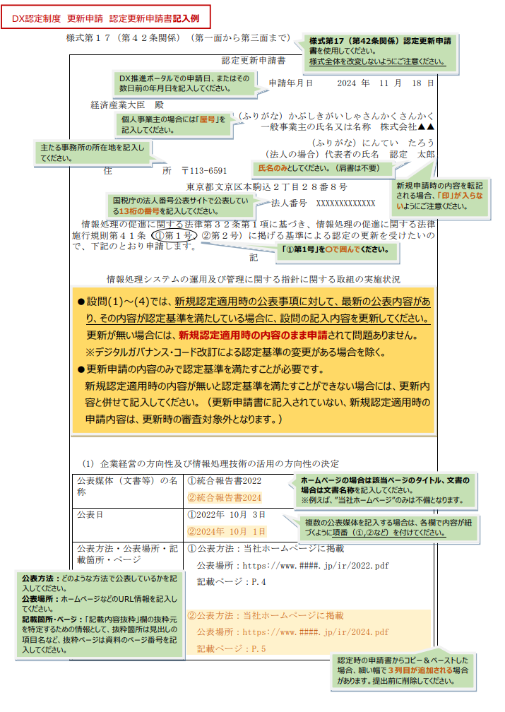 更新申請の記入例表紙