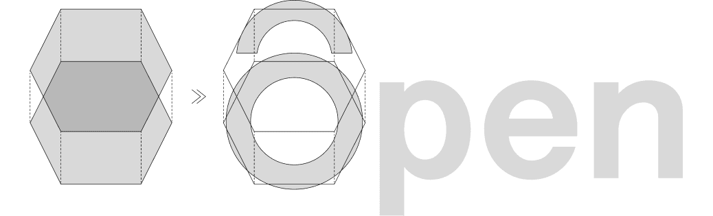 ODSロゴの構成図。DPQMの二重構造をモチーフにした図形からロゴマークを形成し、幾何学的なデザインとタイポグラフィを組み合わせた設計を示している。