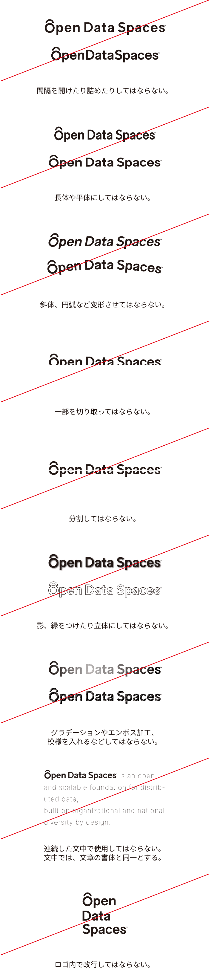 ODSロゴの禁止使用例。文字間隔の変更、変形、傾斜、分割、切り抜き、影や立体効果の追加、グラデーションの適用、改行などを行わないことを示している。