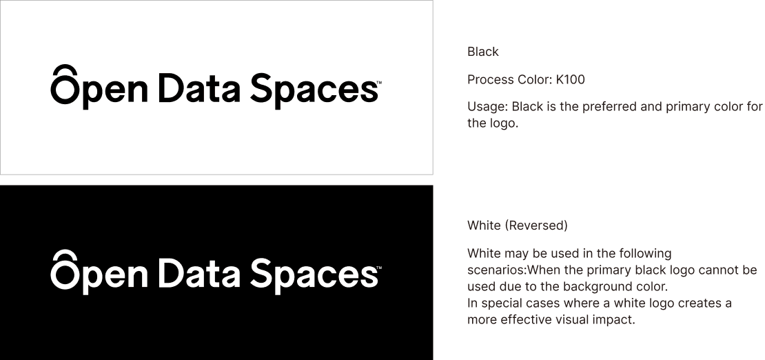 Examples of ODS logo color usage. Black (K100) is the primary logo color, while a white reversed version may be used when background conditions prevent the use of black.