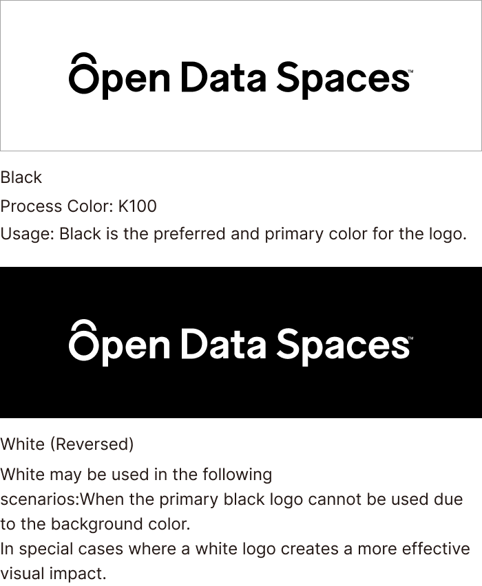 Examples of ODS logo color usage. Black (K100) is the primary logo color, while a white reversed version may be used when background conditions prevent the use of black.