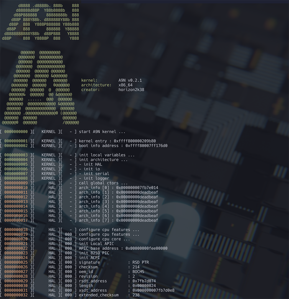 「A9N Microkernel(x86_64)」の起動直後コンソール