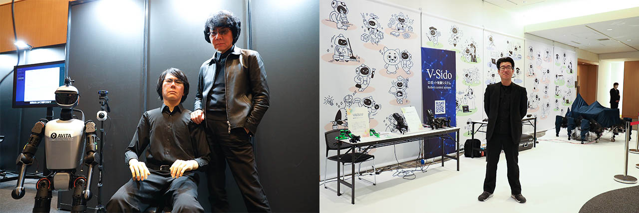 特別展示でロボットと記念撮影をする石黒浩氏とロボットパークに立つ吉崎航氏の様子