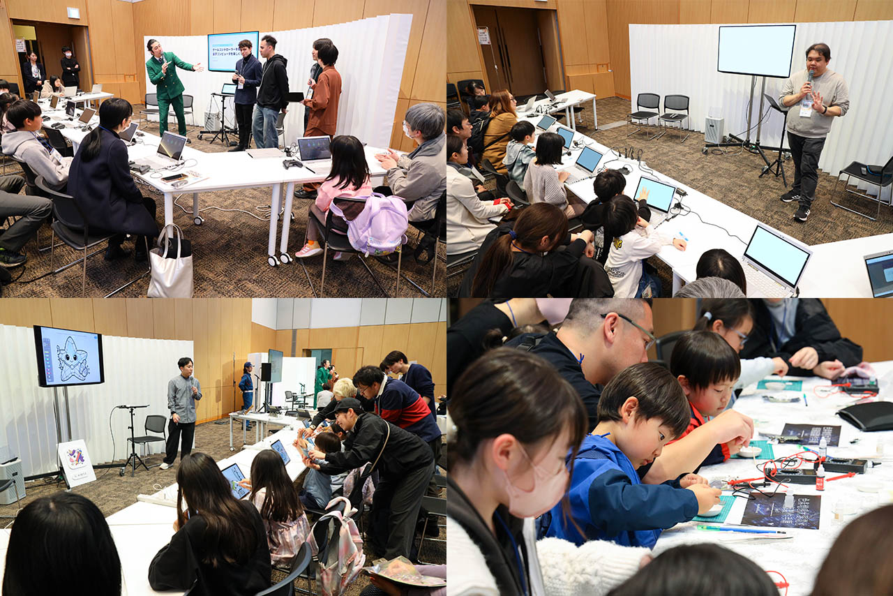 子どもと大人が参加するワークショップで、講師の説明を聞きながらノートパソコンや電子工作に取り組む様子が写された会場風景