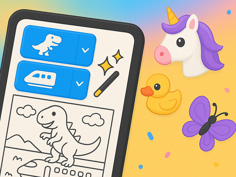 AIが自動生成するぬりえアプリの操作画面とキャラクター例