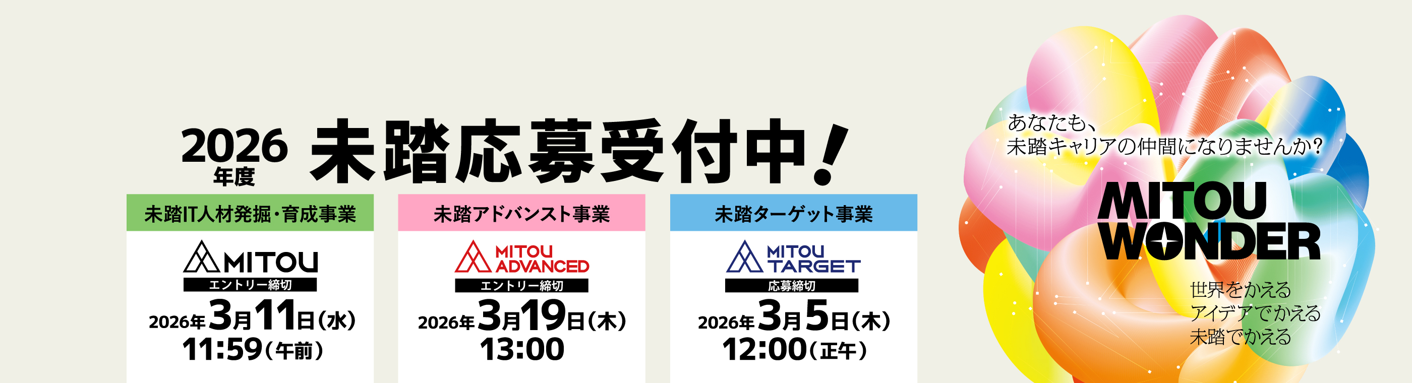 2026年度未踏応募受付中！未踏IT人材発掘・育成事業 エントリー締切2026年3月11日（水曜日）11時59分（午前） 未踏アドバンスト事業 エントリー締切2026年3月19日（木曜日）13時00分 未踏ターゲット事業 応募締切2026年3月5日（木曜日）12時00分（正午）