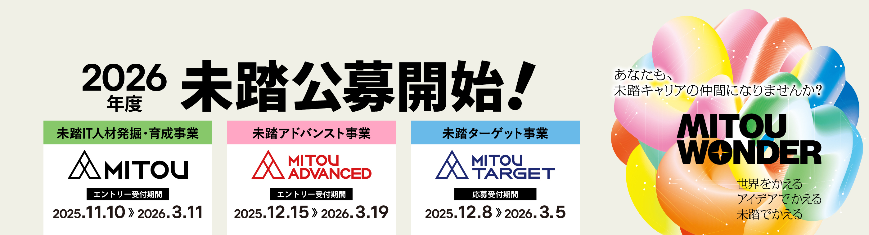 2026年度未踏公募開始！未踏IT人材発掘・育成事業 エントリー受付期間2025年11月10日～2026年3月11日 未踏アドバンスト事業 エントリー受付期間2025年12月15日～2026年3月19日 未踏ターゲット事業 応募受付期間2025年12月8日～2026年3月5日