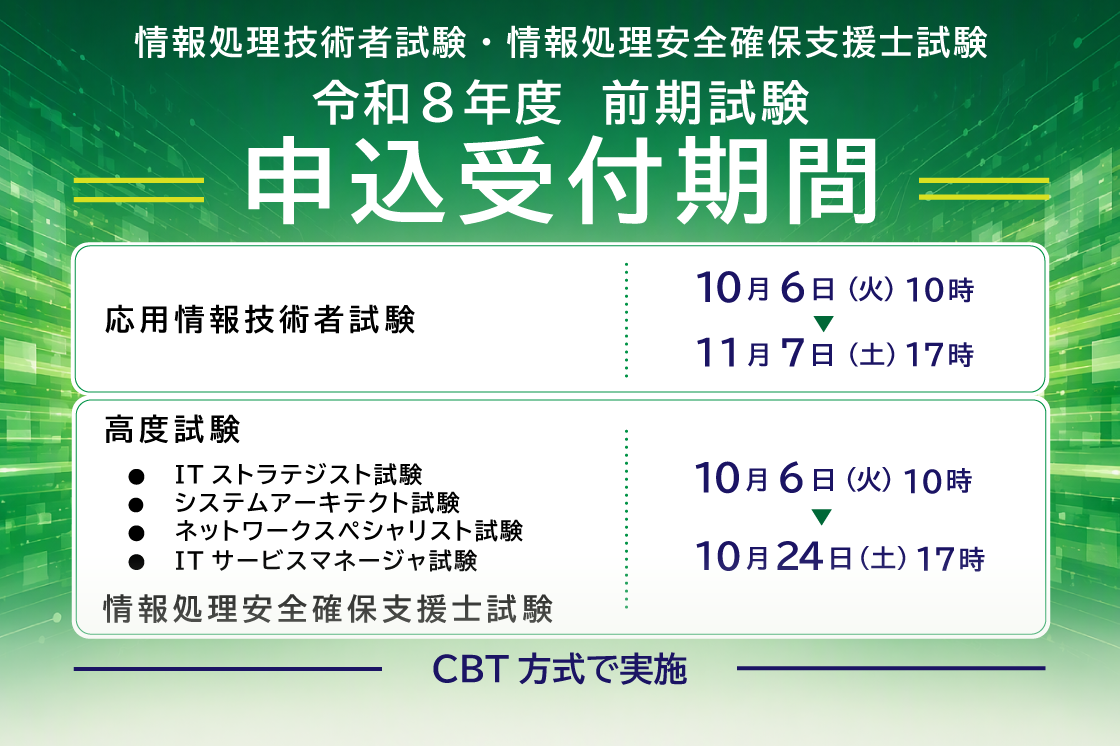 情報処理技術者試験・情報処理安全確保支援士試験、申込受付期間、応用技術者試験：10月6日から7日、高度試験・情報処理安全確保支援士試験：10月6日から24日、詳細はリンク先をご確認ください。