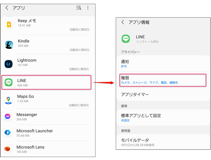 図3-5：Androidのアプリに許可したアクセス権限を確認する方法