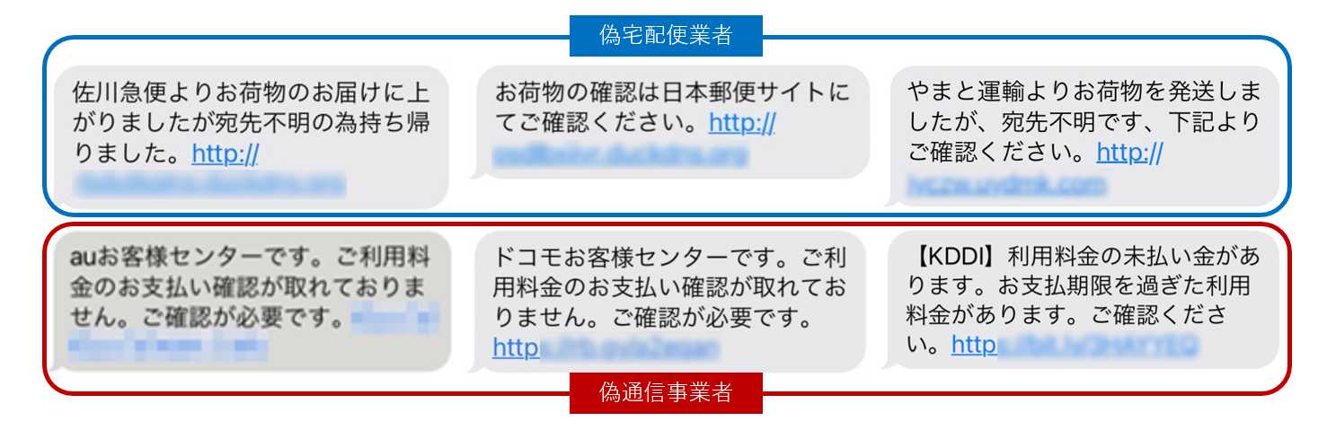 宅配便業者に加えて通信事業者をかたる偽ショートメッセージサービス