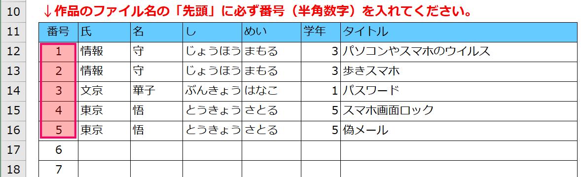 作品のファイル名の「先頭」に必ず番号（半角数字）を入れてください。