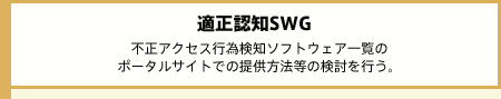 適正認知SWG 不正アクセス行為検知ソフトウェア一覧のポータルサイトでの提供方法等の検討を行う。