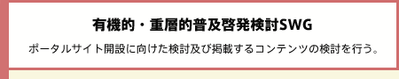 有機的・重層的普及啓発検討SWG ポータルサイト開設に向けた検討及び掲載するコンテンツの検討を行う。