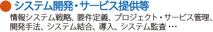 システム開発・サービス提供分野　情報システム戦略、要件定義、プロジェクト・サービス管理、開発手法、システム統合、導入、監査など